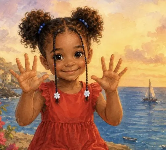 Maya waving hello by the sea